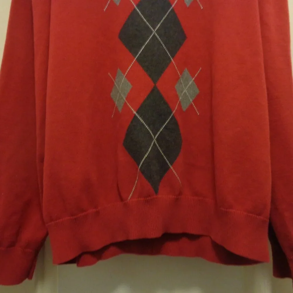 PREPPY VINTAGE MALE IZOD RED ARGYILLE ZIP NECK SWEATER X L T